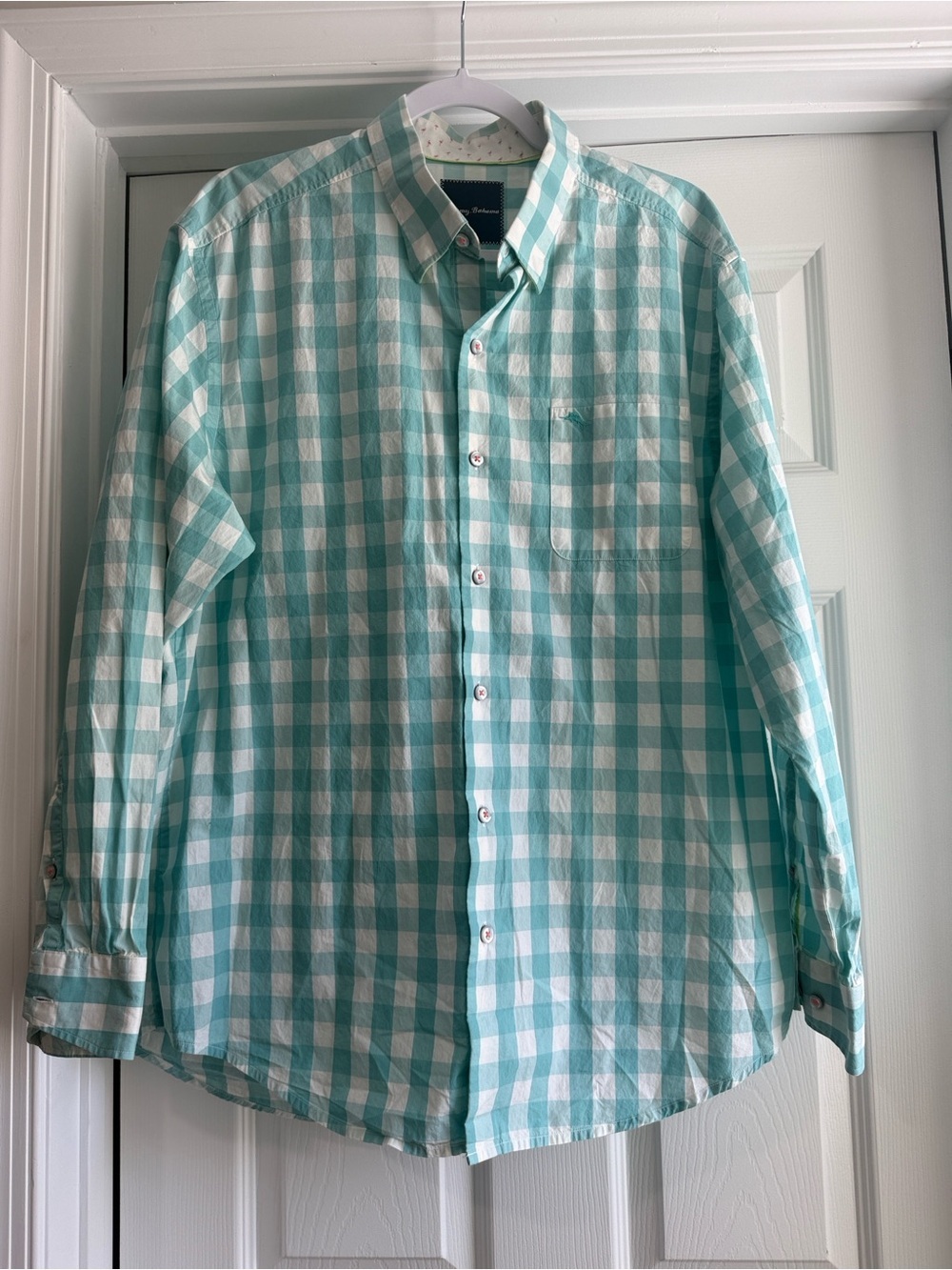 Tommy Bahama Aqua and White Gingham Button-Down Shirt